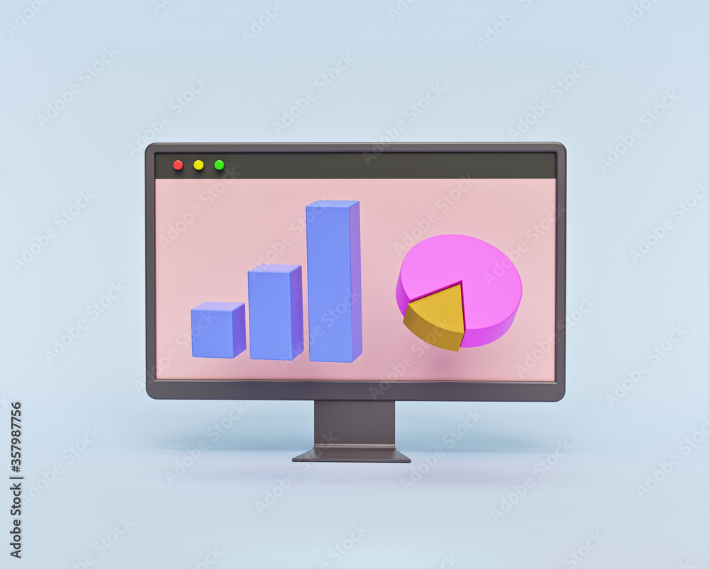 Poster minimal bar graph, pie chart on a computer monitor. concept of business financial growth. 3d renderi