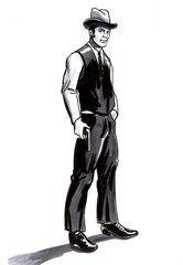 American gangster with a gun. Ink black and white drawing