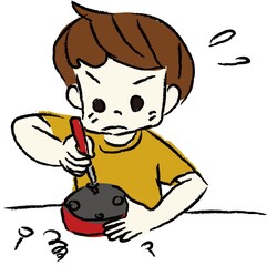 子供、男の子、小学生、器械、分解、修理、学習、仕組み、楽しい、むずかしい、男子、ネジ、ドライバー、汗、大変、工作、物づくり、理系、研究、調べる、自由研究、工具、道具、ベクター、主線、イラスト、白背景、作業、日曜大工、白バック、ツール、整備、点検、メカニック、機械、金属、仕事、工具のイラスト