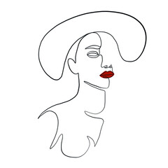 Linear glamour logo in minimal icon of girl in hat. Fashionable casual headwear. Graceful lady in headgear. Linear female beauty simple face drawn by one continuous line. 