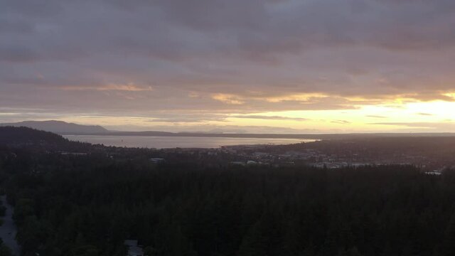 Coastal Sunset Aerial Looking Towards Downtown Bellingham Bay Washington