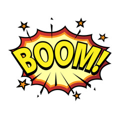 Comic lettering boom. Comic speech bubble with emotional text Boom. Vector bright dynamic cartoon illustration in retro pop art style isolated on white background. Comic text sound effects