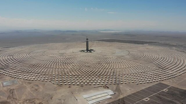 Cerro Dominador Solar Power Station is a 210 megawatt combined power plant operating on solar and photovoltaic power located in Maria Elena in the Antofagasta region of Chile (aerial view)