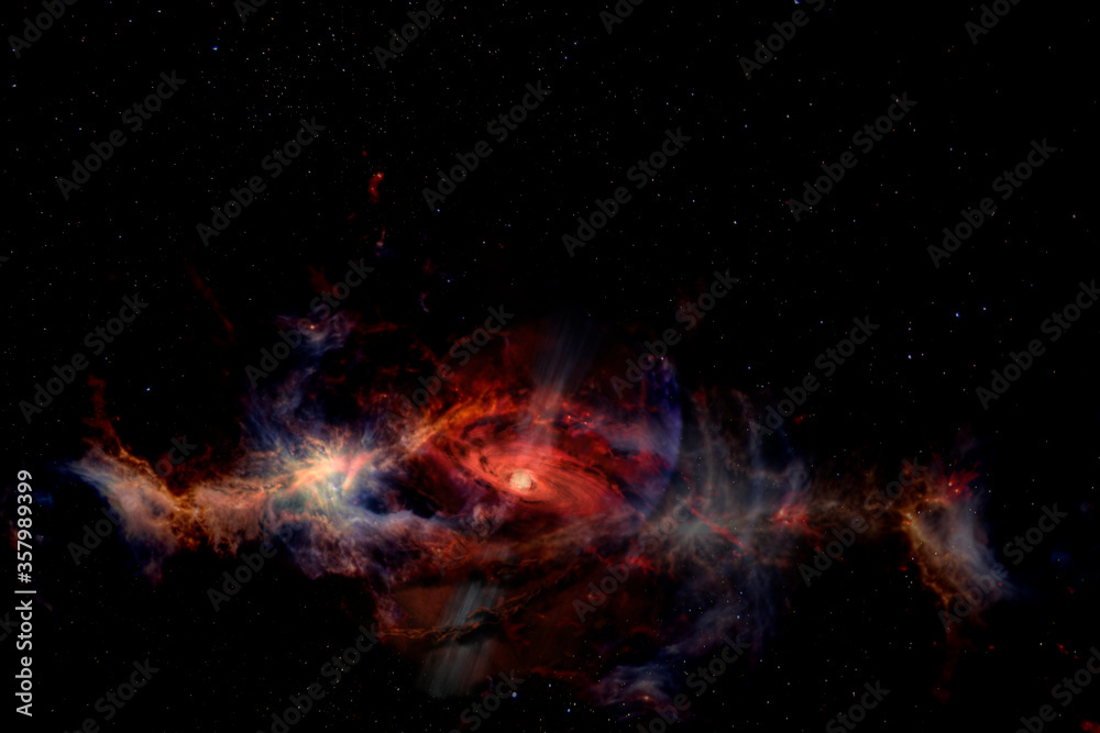 Wall mural black hole in clubs of plasma fire clouds and lights in outer space with copy space. elements of thi