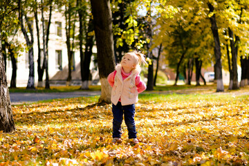 Little girl walking and playing in autumn park.
