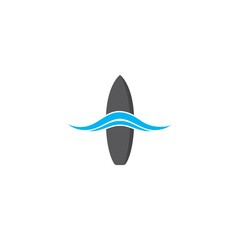 Surf board logo with waterwave vector icon