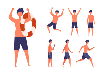 Set of the man wearing the swimsuit in different poses. Standing, walking, running and jumping. Vector illustration in flat style.