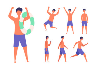 Set of the man wearing the swimsuit in different poses. Standing, walking, running and jumping. Vector illustration in flat style.