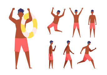 Set of the man wearing the swimsuit in different poses. Standing, walking, running and jumping. Vector illustration in flat style.