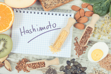 Notepad with inscription hashimoto and best ingredients or products for healthy thyroid