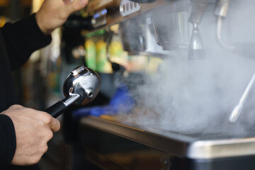 Hot water steaming from coffee blending machine