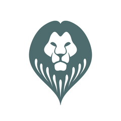 Lion logo - emblem with wild cat predator head in pin form - monochrome logotype which symbolize power, strehght and superiority