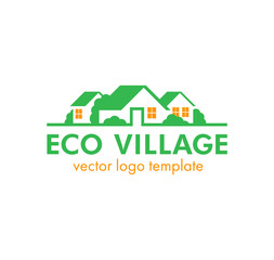 Eco cottage village logo template - emblem with modern countryside landscape silhouette