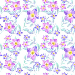 Floral seamless pattern with bluebell flowers in watercolor style. Hand drawn illustration for textile, paper, decoration and wrappin