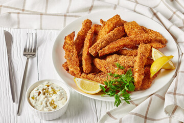 breaded fish sticks on a white plate