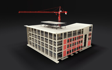 Building under construction 3D model with a construction crane on a black background. 3d rendering.
