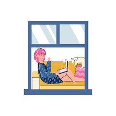 Woman in window frame using laptop sitting on home sofa - cartoon girl waving to camera or computer screen. Isolated vector illustration of person on video call.