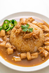 Chicken in brown sauce or gravy sauce with rice