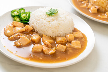 Chicken in brown sauce or gravy sauce with rice