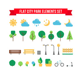 Flat simple park or garden elements vector set. Urban outdoor decor elements collection. Tree, weather sign, bench, bush, bike and street lamps isolated for web icons, mobile app, infographics