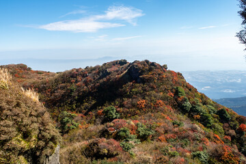 Fototapeta na wymiar Picturesque autumn view of Unzen Nita Pass trail with rocky volcano peak, clear blue sky and colorful trees in Unzen-Amakusa National Park, Shimabara Peninsula, Nagasaki Prefecture, Japan.