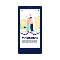 Fototapeta na wymiar Virtual dating app page template with cartoon characters of embracing man and woman. Onboarding mobile page design flat vector illustration isolated on white background.