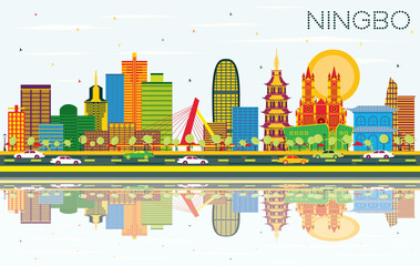 Fototapeta na wymiar Ningbo China City Skyline with Color Buildings, Blue Sky and Reflections.