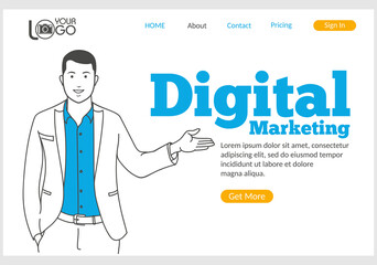Digital Marketing landing page in thin line style. Young smiling man pointing at text. SMM and SEO technology, social media and web content promotion concept. Digital technology and innovations.