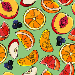 Fruit seamless pattern. Oranges, apples, peach, grapefruit, currants. Stock illustration. Design for wallpaper, fabric, textile, packaging, cafe.