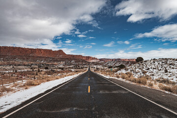 The road in snow to Capitol Reef National Park.