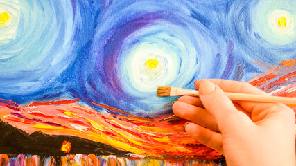 Painting brush, hand and oil canvas, artist's hand, Acrylic and Full spectrum on Cardboard, Van Gogh The Starry Night