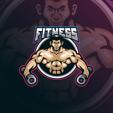 fitness mascot logo design vector with modern illustration concept style for badge, emblem and t shirt printing. fitness illustration with barbell in hand.