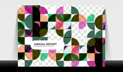 Horizontal A4 business flyer annual report template, circles and triangle style shapes modern geometric design for brochure layout, magazine or booklet