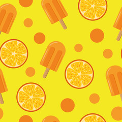 ice cream on a stick and slices of orange seamless pattern in vector flat style. bright, summer juicy background yellow