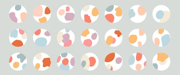 Contemporary highlight covers collection. Big bundle of trendy colors doodle shapes in round icons