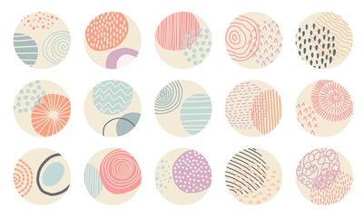 Contemporary highlight covers collection. Bundle of round icons for for story templates. Doodle drawing lines, shapes, swirls and other elements