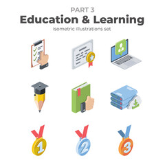 Education and learning set. Vector 3d isometric, color web icon, new flat style. Creative illustration design, isolated graphic idea for infographics.