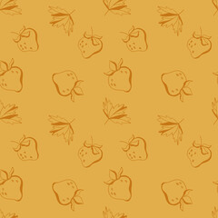 Kawaii strawberry berries with leaves. Outline doodle art seamless square pattern on a yellow  background. Print for fabric, wrapping paper, textile, packaging, postcard, invitation, menu, stationery