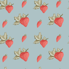 Kawaii strawberry berries with leaves. Textural digital art seamless square pattern on a blue background. Print for fabric, wrapping paper, textile, packaging, postcard, invitation, menu, stationery