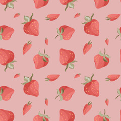 Kawaii strawberry berries with leaves. Textural digital art seamless square pattern on a pink background. Print for fabric, wrapping paper, textile, packaging, postcard, invitation, menu, stationery