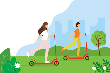 Man and woman riding scooters in the Park. Concept illustration for healthy lifestyle, outdoor activities, exercising. Vector illustration in a flat cartoon style.