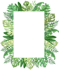 Watercolor hand painted tropical frame with leaves and plants. Green jungle foliage wreath perfect for summer wedding invitation and party card making