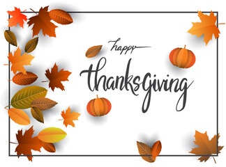 Happy Thanksgiving typography poster isolated with leaves and pumpkins for Thanksgiving postcard. Vector calligraphy lettering holiday quote.