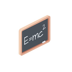 Einstein's formula on board. Vector 3d isometric, color web icon, new flat style. Creative illustration design, isolated graphic idea for infographics.