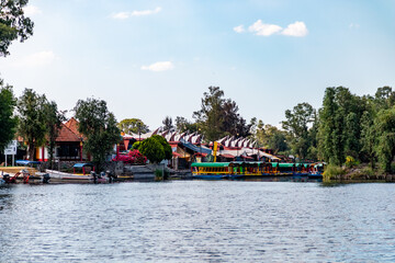 Fototapeta na wymiar Panoramic view of Xochimilco channels or canals along the floating gardens or Chinampas in Mexico city at sunset