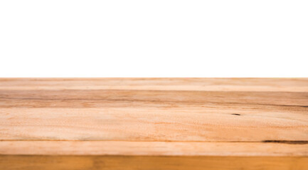 Wood table top isolated on white background. Brown wooden desk empty counter. Copy space for text and ideal for product placement.