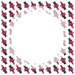 Obraz premium Template for design. Group of objects on a white background: red lipstick in a black glossy case. Tied with a scarlet ribbon in the form of a gift. Lipsticks lie in several rows on a white background