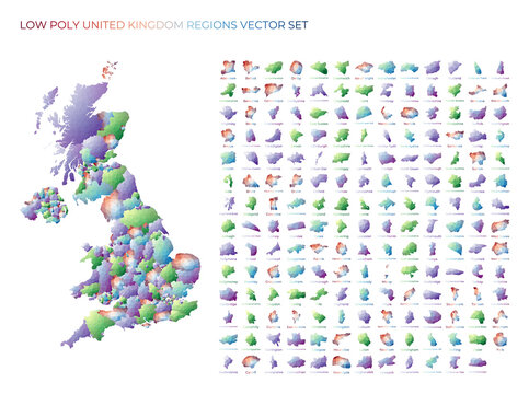 British low poly regions. Polygonal map of United Kingdom with regions. Geometric maps for your design. Radiant vector illustration.