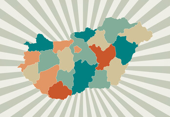 Hungary map. Poster with map of the country in retro color palette. Shape of Hungary with sunburst rays background. Vector illustration.