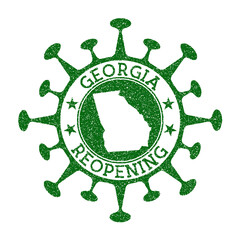 Georgia reopening stamp. Green round badge of US state with map of Georgia. US state opening after lockdown. Vector illustration.